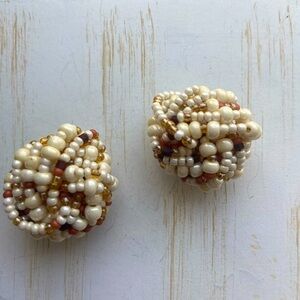 Vintage Seed Beaded Cluster Clip On Earrings…Cream/Brown